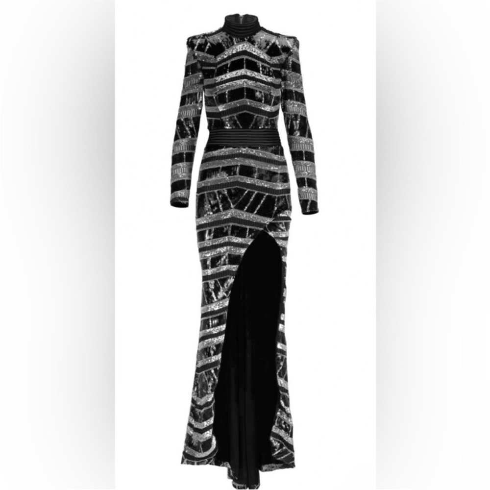 Zhivago Black and Silver Sequin Long Sleeve High-Slit Gown - Picture 4 of 11